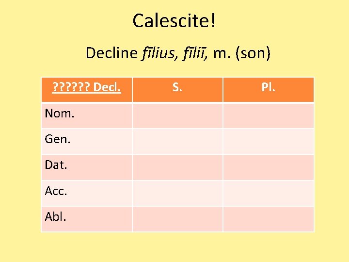 Calescite! Decline fīlius, fīliī, m. (son) ? ? ? Decl. Nom. Gen. Dat. Acc.