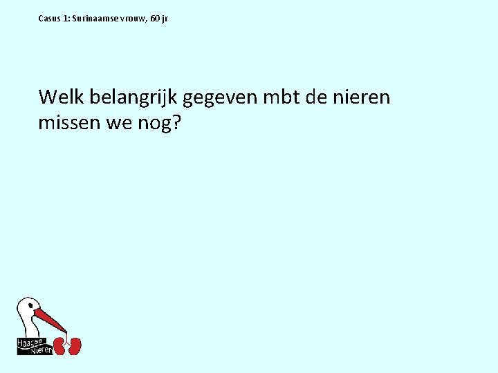 Casus 1: Surinaamse vrouw, 60 jr Welk belangrijk gegeven mbt de nieren missen we