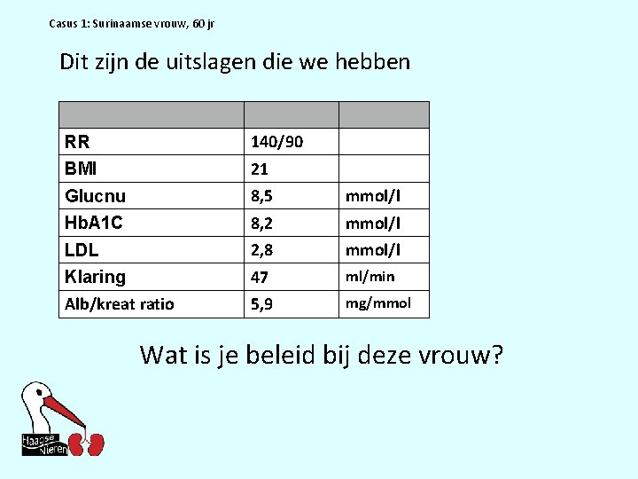 Casus 1: Surinaamse vrouw, 60 jr Dit zijn de uitslagen die we hebben RR