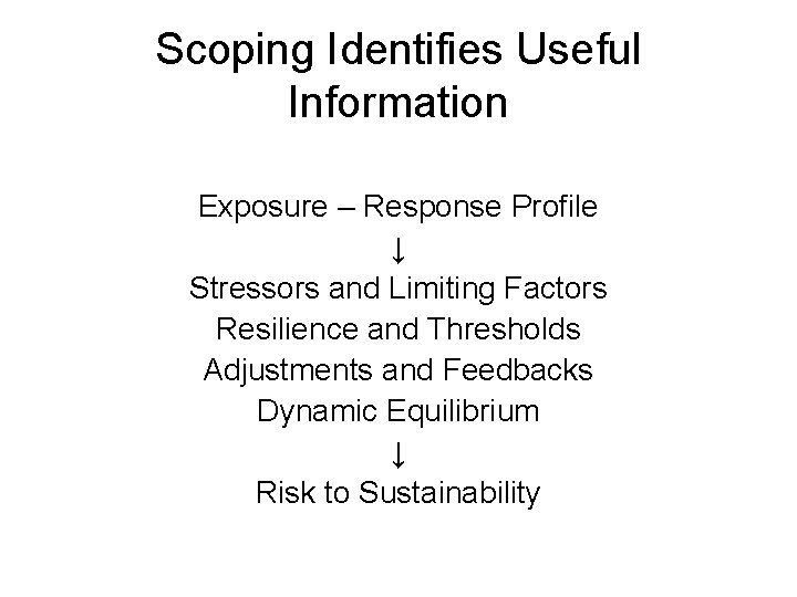 Scoping Identifies Useful Information Exposure – Response Profile ↓ Stressors and Limiting Factors Resilience