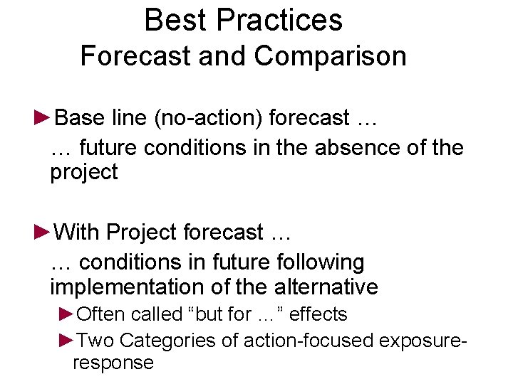 Best Practices Forecast and Comparison ►Base line (no-action) forecast … … future conditions in