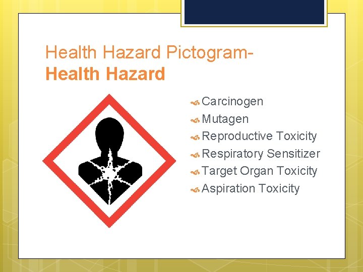 Health Hazard Pictogram. Health Hazard Carcinogen Mutagen Reproductive Toxicity Respiratory Sensitizer Target Organ Toxicity