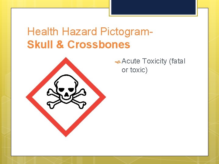 Health Hazard Pictogram. Skull & Crossbones Acute Toxicity (fatal or toxic) 