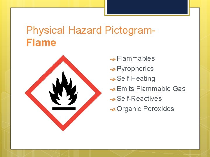 Physical Hazard Pictogram. Flame Flammables Pyrophorics Self-Heating Emits Flammable Gas Self-Reactives Organic Peroxides 