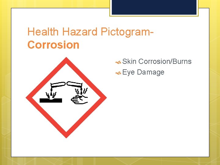 Health Hazard Pictogram. Corrosion Skin Corrosion/Burns Eye Damage 