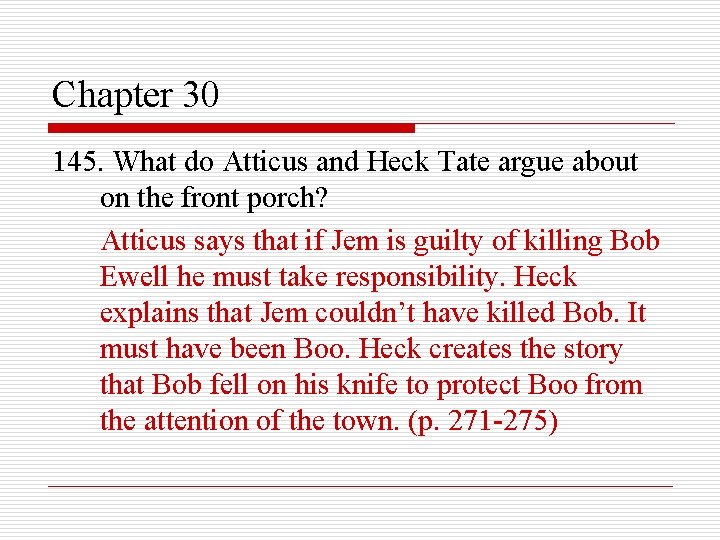 Chapter 30 145. What do Atticus and Heck Tate argue about on the front