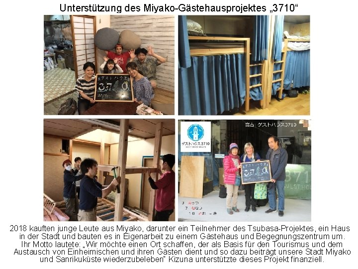 Unterstützung des Miyako-Gästehausprojektes „ 3710“ 　2018 kauften junge Leute aus Miyako, darunter ein Teilnehmer