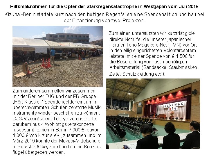 Hilfsmaßnahmen für die Opfer der Starkregenkatastrophe in Westjapan vom Juli 2018 Kizuna -Berlin startete