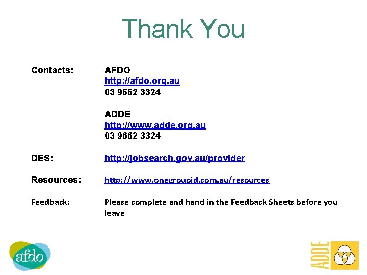 Thank You Contacts: AFDO http: //afdo. org. au 03 9662 3324 ADDE http: //www.