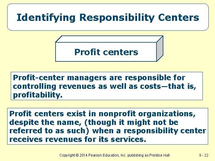 Identifying Responsibility Centers Profit centers Profit-center managers are responsible for controlling revenues as well