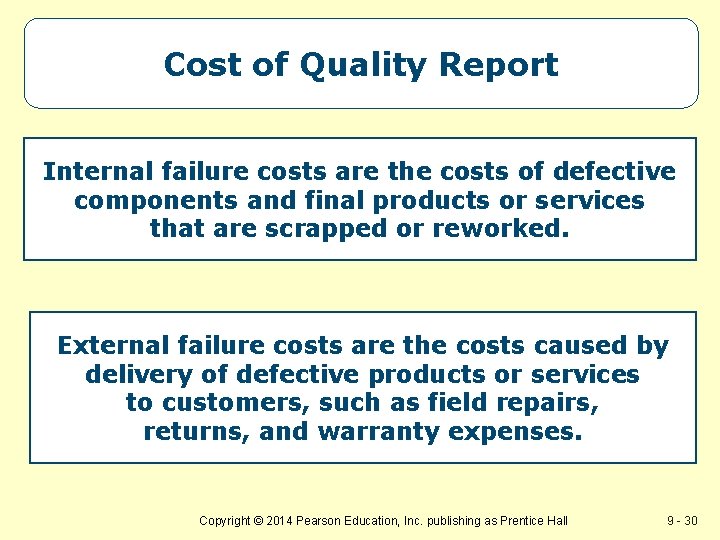 Cost of Quality Report Internal failure costs are the costs of defective components and