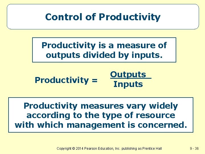 Control of Productivity is a measure of outputs divided by inputs. Productivity = Outputs