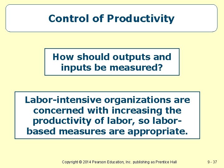Control of Productivity How should outputs and inputs be measured? Labor-intensive organizations are concerned