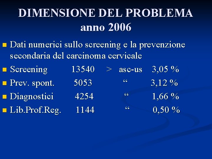 DIMENSIONE DEL PROBLEMA anno 2006 Dati numerici sullo screening e la prevenzione secondaria del