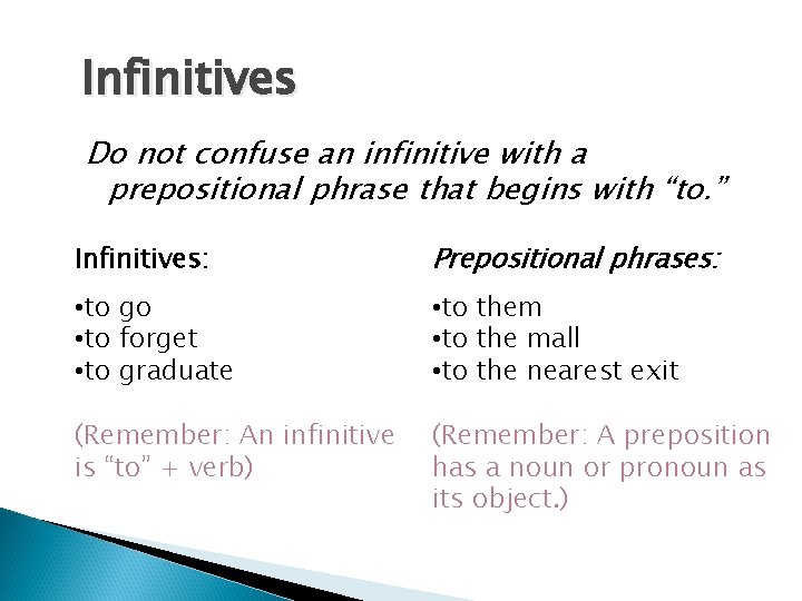 Infinitives Do not confuse an infinitive with a prepositional phrase that begins with “to. Infinitives Do not confuse an infinitive with a prepositional phrase that begins with “to.