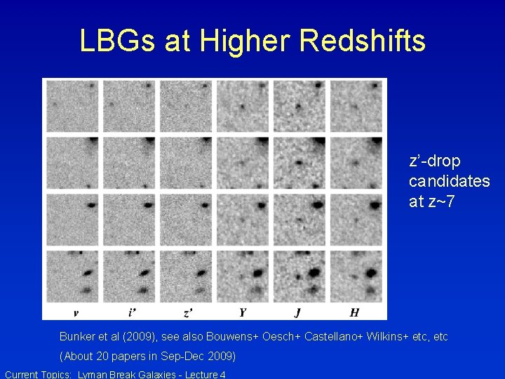 LBGs at Higher Redshifts z’-drop candidates at z~7 Bunker et al (2009), see also