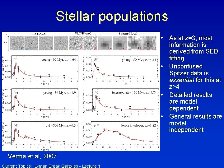 Stellar populations • As at z=3, most information is derived from SED fitting. •