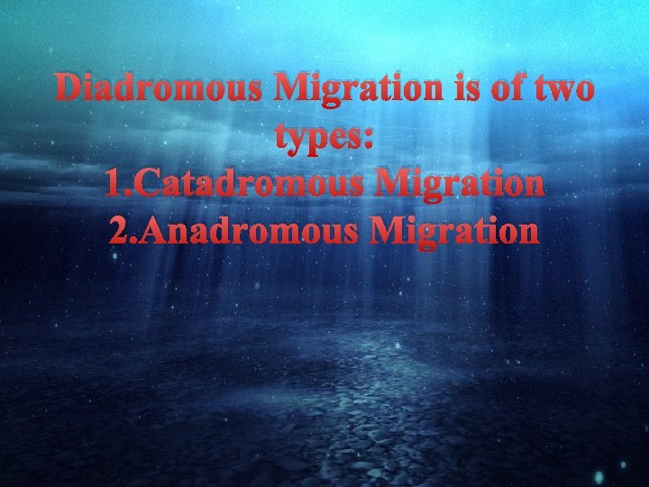 Diadromous Migration is of two types: 1. Catadromous Migration 2. Anadromous Migration 