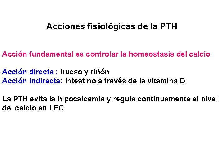 Acciones fisiológicas de la PTH Acción fundamental es controlar la homeostasis del calcio Acción