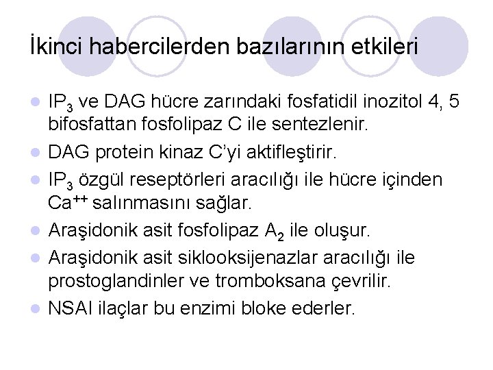 İkinci habercilerden bazılarının etkileri l l l IP 3 ve DAG hücre zarındaki fosfatidil