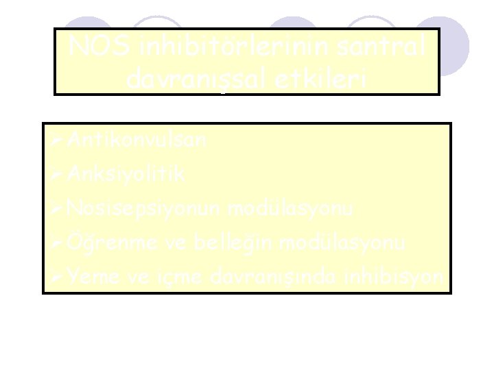 NOS inhibitörlerinin santral davranışsal etkileri ØAntikonvulsan ØAnksiyolitik ØNosisepsiyonun modülasyonu ØÖğrenme ve belleğin modülasyonu ØYeme