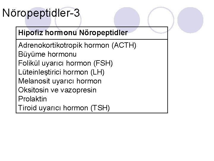 Nöropeptidler-3 Hipofiz hormonu Nöropeptidler Adrenokortikotropik hormon (ACTH) Büyüme hormonu Folikül uyarıcı hormon (FSH) Lüteinleştirici