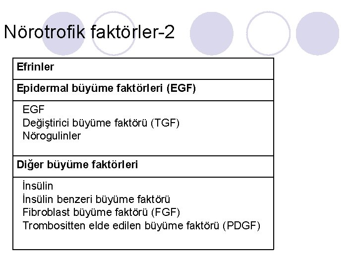 Nörotrofik faktörler-2 Efrinler Epidermal büyüme faktörleri (EGF) EGF Değiştirici büyüme faktörü (TGF) Nörogulinler Diğer