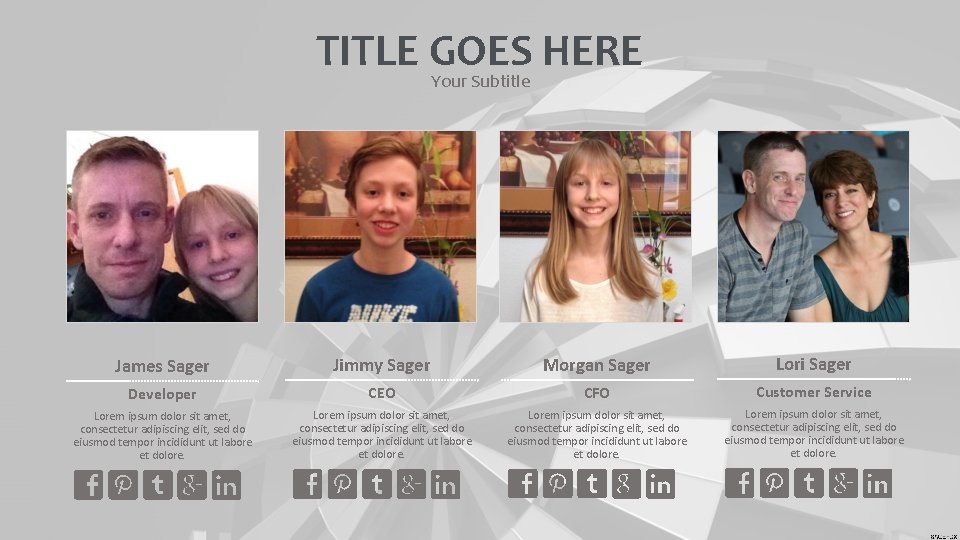 TITLE GOES HERE Your Subtitle James Sager Jimmy Sager Morgan Sager Lori Sager Developer