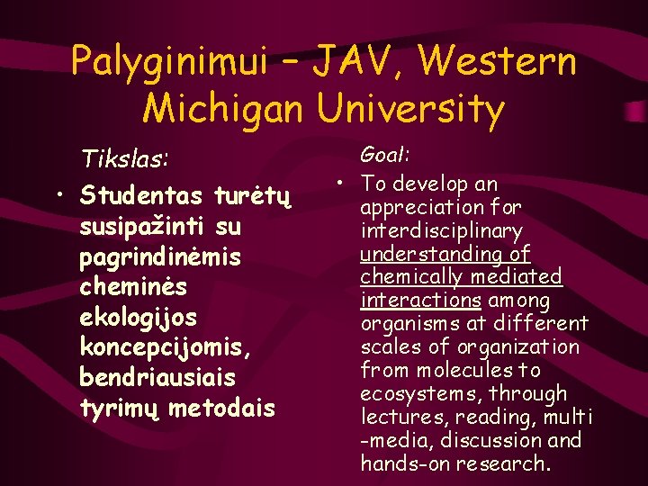 Palyginimui – JAV, Western Michigan University Tikslas: • Studentas turėtų susipažinti su pagrindinėmis cheminės