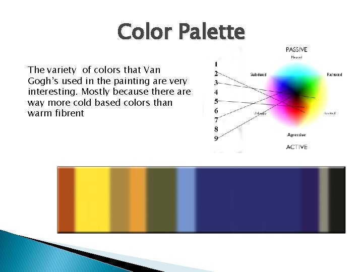 Color Palette The variety of colors that Van Gogh’s used in the painting are