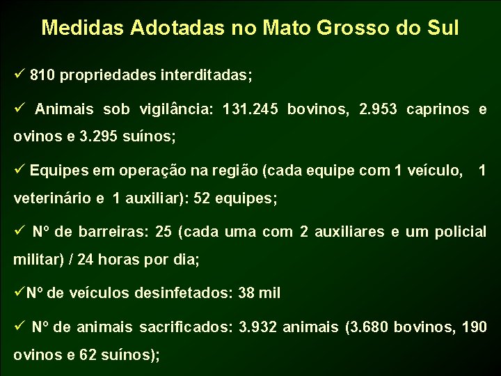Medidas Adotadas no Mato Grosso do Sul ü 810 propriedades interditadas; ü Animais sob