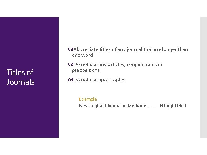  Abbreviate titles of any journal that are longer than one word Titles of