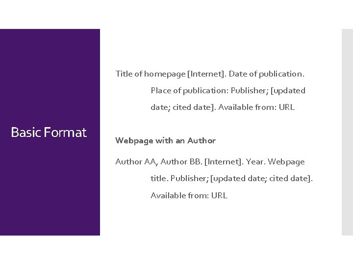 Title of homepage [Internet]. Date of publication. Place of publication: Publisher; [updated date; cited