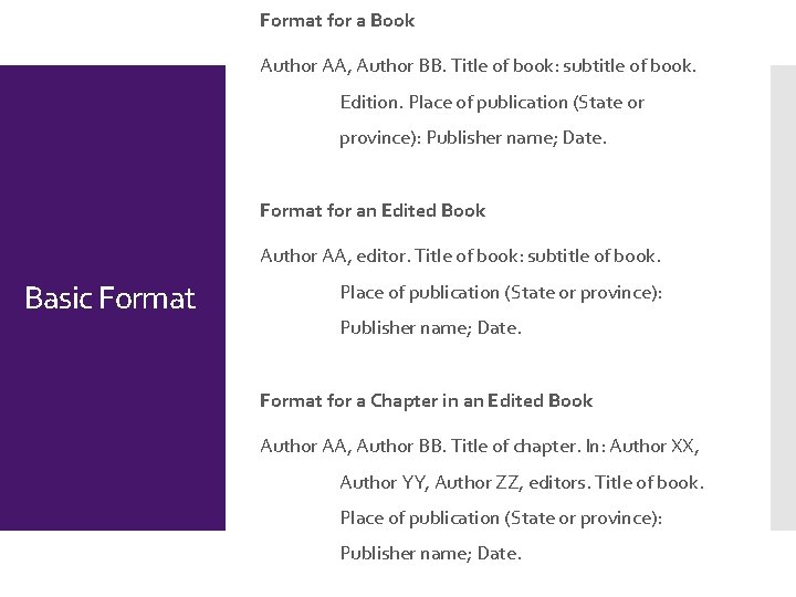 Format for a Book Author AA, Author BB. Title of book: subtitle of book.