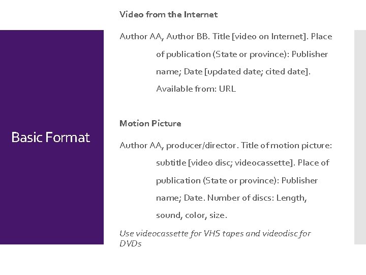 Video from the Internet Author AA, Author BB. Title [video on Internet]. Place of