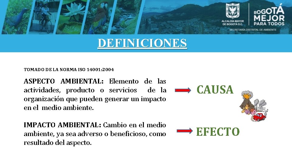DEFINICIONES TOMADO DE LA NORMA ISO 14001: 2004 ASPECTO AMBIENTAL: Elemento de las actividades,