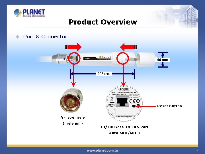 Product Overview u Port & Connector 46 mm 205 mm Reset Button N-Type male Product Overview u Port & Connector 46 mm 205 mm Reset Button N-Type male