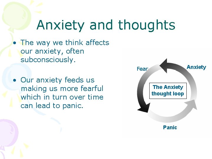 Anxiety and thoughts • The way we think affects our anxiety, often subconsciously. Anxiety