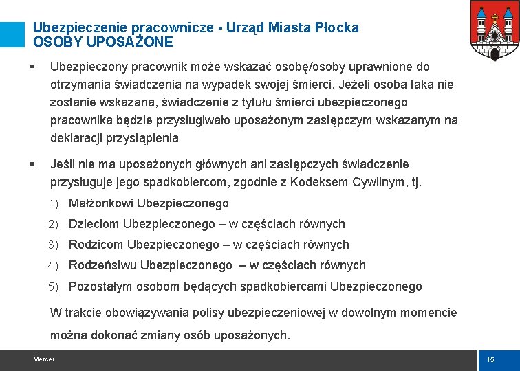 Ubezpieczenie pracownicze - Urząd Miasta Płocka OSOBY UPOSAŻONE § Ubezpieczony pracownik może wskazać osobę/osoby