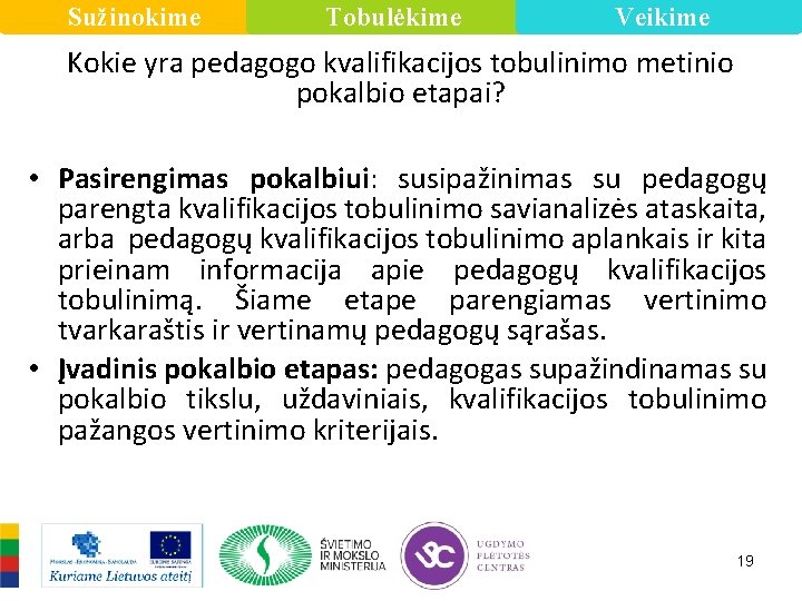 Sužinokime Tobulėkime Veikime Kokie yra pedagogo kvalifikacijos tobulinimo metinio pokalbio etapai? • Pasirengimas pokalbiui: