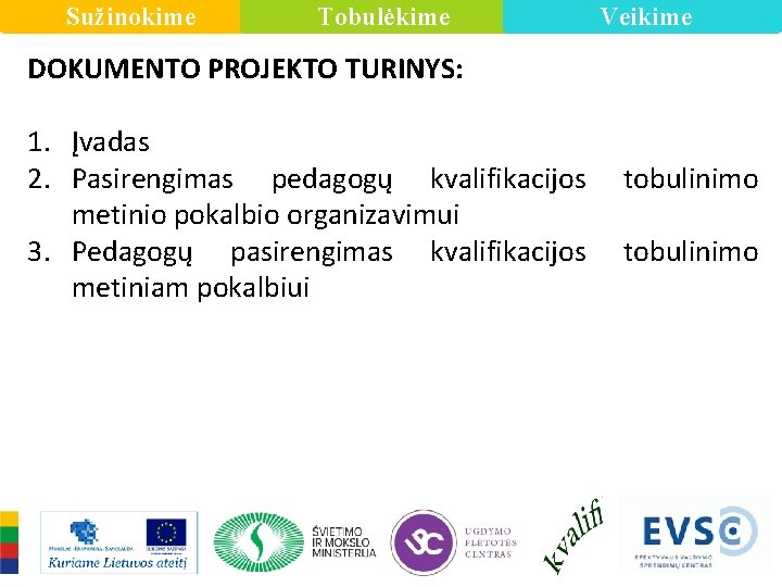 Sužinokime Tobulėkime Veikime DOKUMENTO PROJEKTO TURINYS: 1. Įvadas 2. Pasirengimas pedagogų kvalifikacijos metinio pokalbio