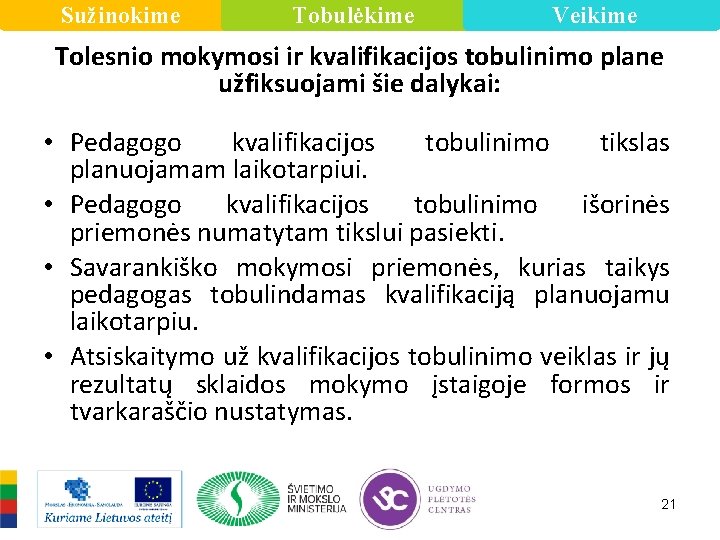 Sužinokime Tobulėkime Veikime Tolesnio mokymosi ir kvalifikacijos tobulinimo plane užfiksuojami šie dalykai: • Pedagogo