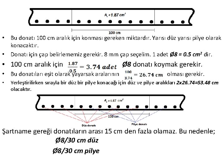  • Bu donatı 100 cm aralık için konması gereken miktardır. Yarısı düz yarısı