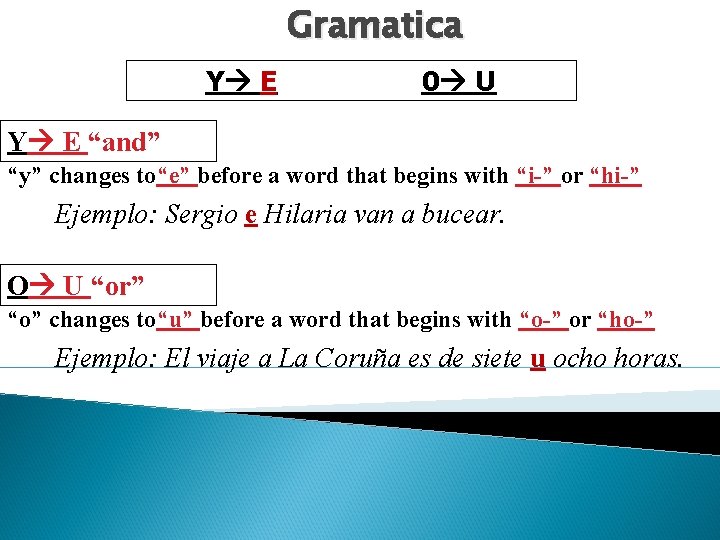 Gramatica Y E 0 U Y E “and” “y” changes to“e” before a word