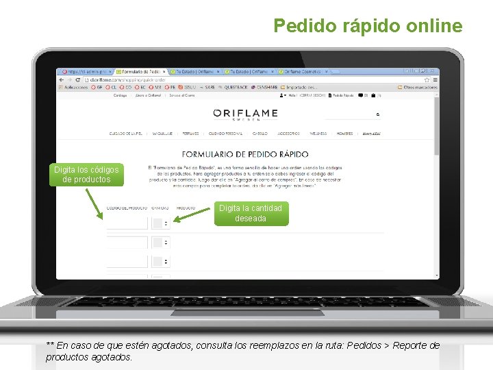 Pedido rápido online Digita los códigos de productos Digita la cantidad deseada ** En