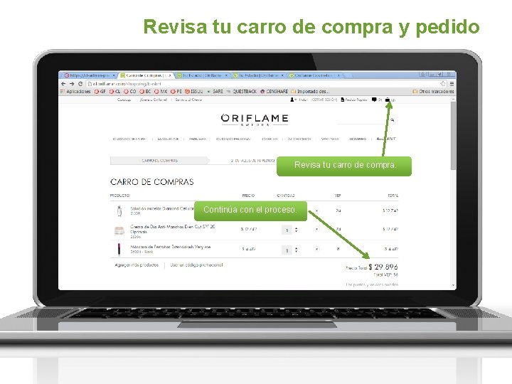 Revisa tu carro de compra y pedido Revisa tu carro de compra. Continúa con