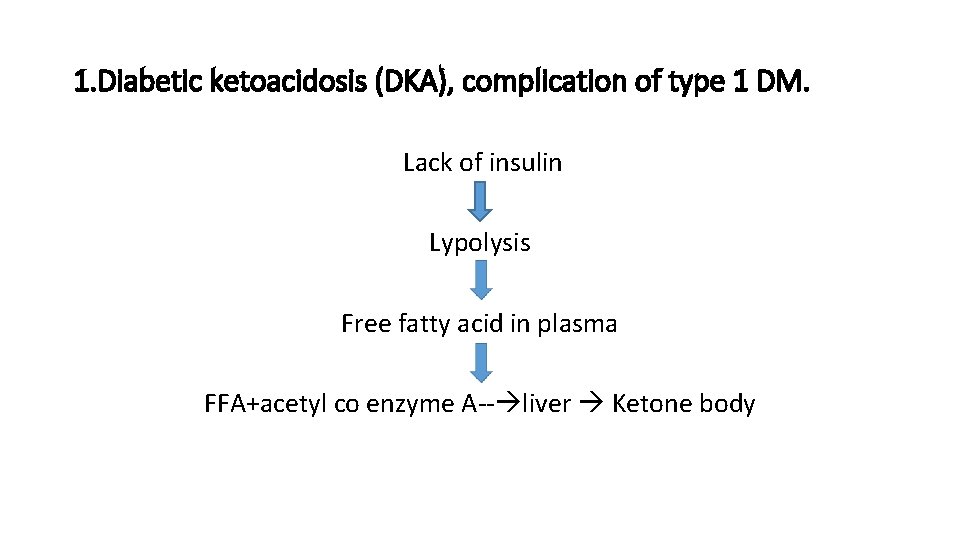 1. Diabetic ketoacidosis (DKA), complication of type 1 DM. Lack of insulin Lypolysis Free