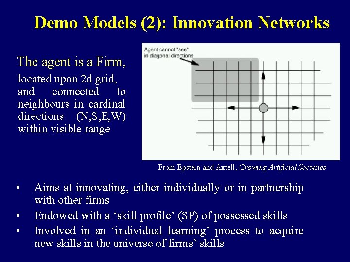 Demo Models (2): Innovation Networks The agent is a Firm, located upon 2 d