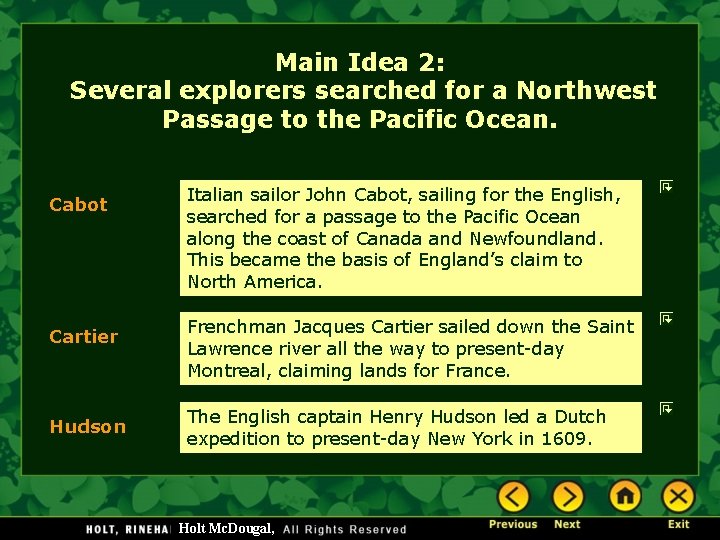 Main Idea 2: Several explorers searched for a Northwest Passage to the Pacific Ocean.