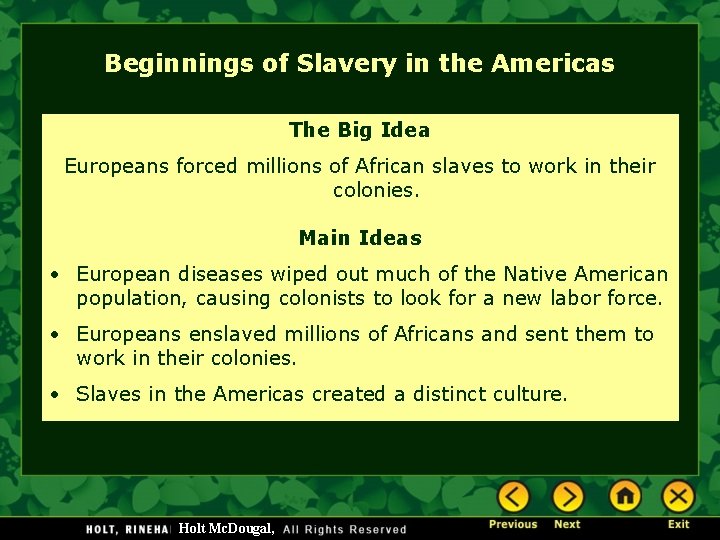 Beginnings of Slavery in the Americas The Big Idea Europeans forced millions of African